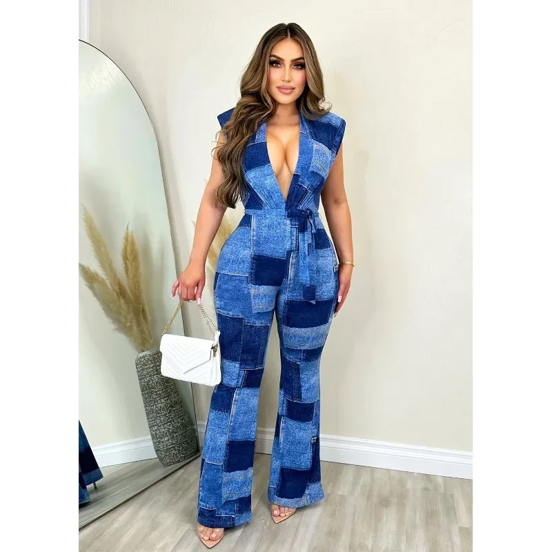 

KEXU Fake Denim Print Patchwork Jumpsuit Women Flare Pants Deep V-neck Sleeveless Club Party Overalls Sexy Rompers Monos Largos