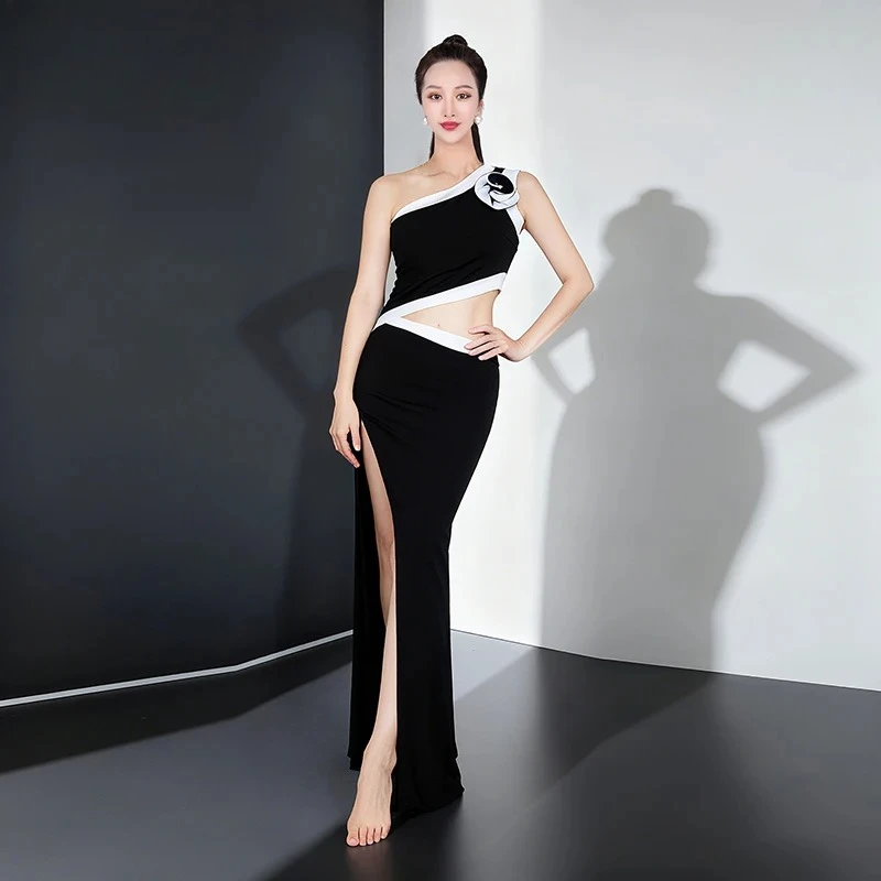 Costumes d'entraînement de danse du ventre, robe noire amincissante à épaules inclinées, robes de Festival de danse, Costume d'entraînement de danse orientale