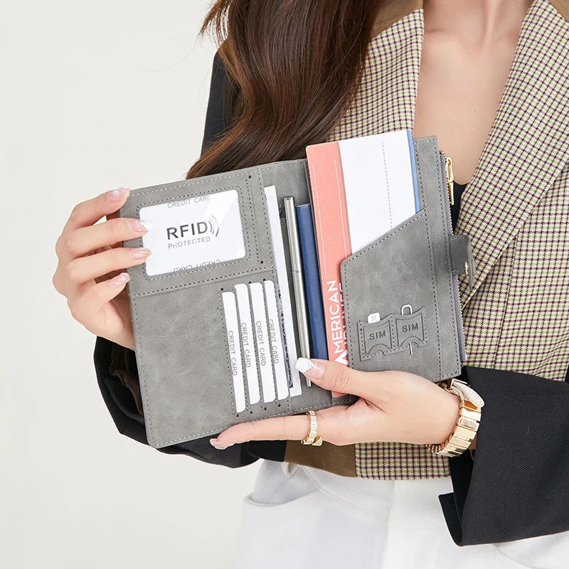 RFID Blocking Passport Bag, PU Solid Color, Zipper Buckle Wallet, Ticket Card Holder, Multi-functional Travel Passport Holder