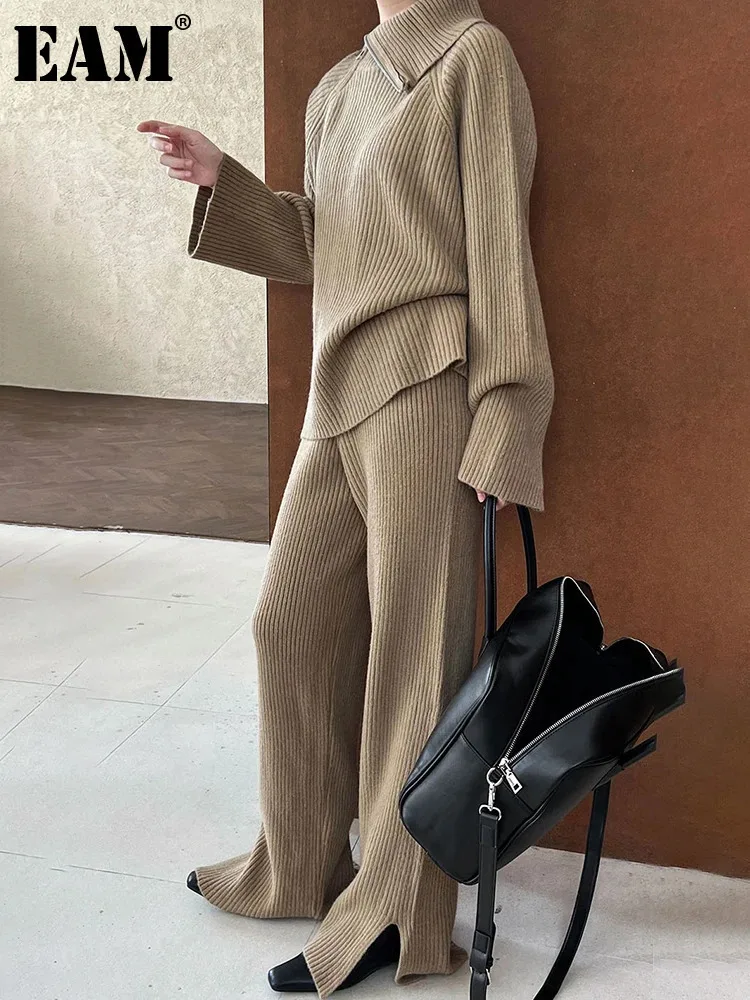 [EAM] Big Size Zipper Sweater Wide Leg Pants Two Piece Suit New Turtleneck Long Sleeve Women Fashion Tide Spring Autumn 2024 00