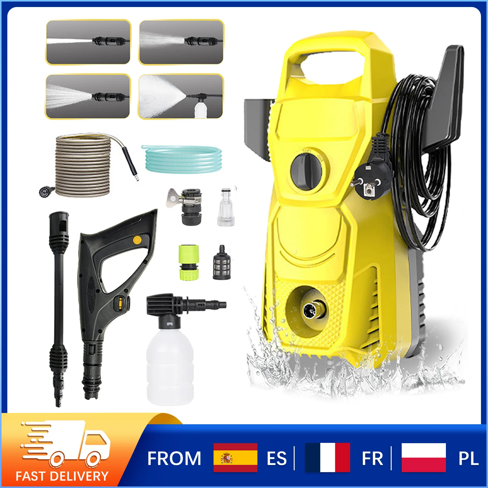 Lavadora eléctrica de alta presión de 135bar, 220V, 1500W, 5,60 L/min, boquilla de presión ajustable para tubería de agua de 10M para limpieza de jardín y hogar de coche