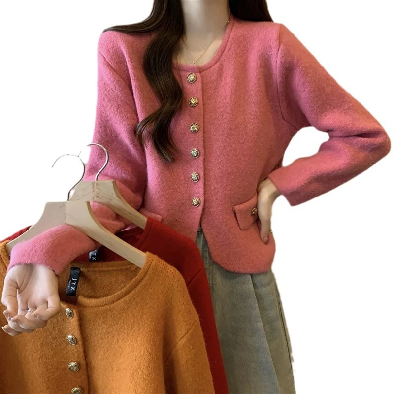 Korean Solid Long Sleeved Sweater For Women 2024 Single Breasted Round Neck Knitted Cardigan Autumn Winter Loose Female Tops