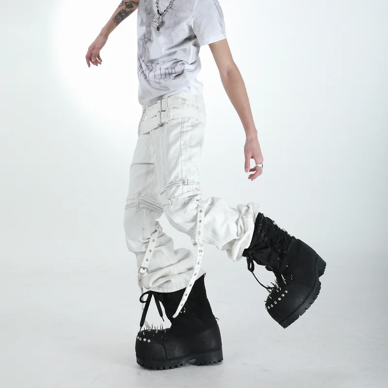 MWJLPWQ Men's Tode Heavy-Duty Denim Pants Distressed Slightly Flared Straight-Leg Floor-Length Design Belt Casual Trousers 21486