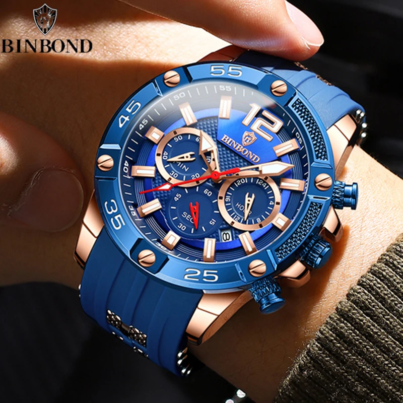 BINBOND Men\'s Chronograph Analog Quartz Watch with Date, Luminous Hands, Waterproof Silicone Rubber Strap Wristswatch for Man