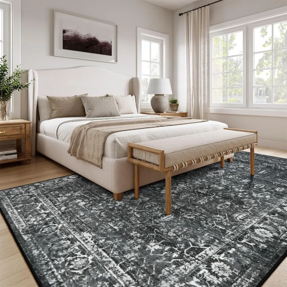 سجاد غرفة المعيشة قابل للغسل مقاس 8 × 10، سجاد منطقة كبيرة سوداء عتيقة، سجاد داخلي ناعم غير قابل للانزلاق