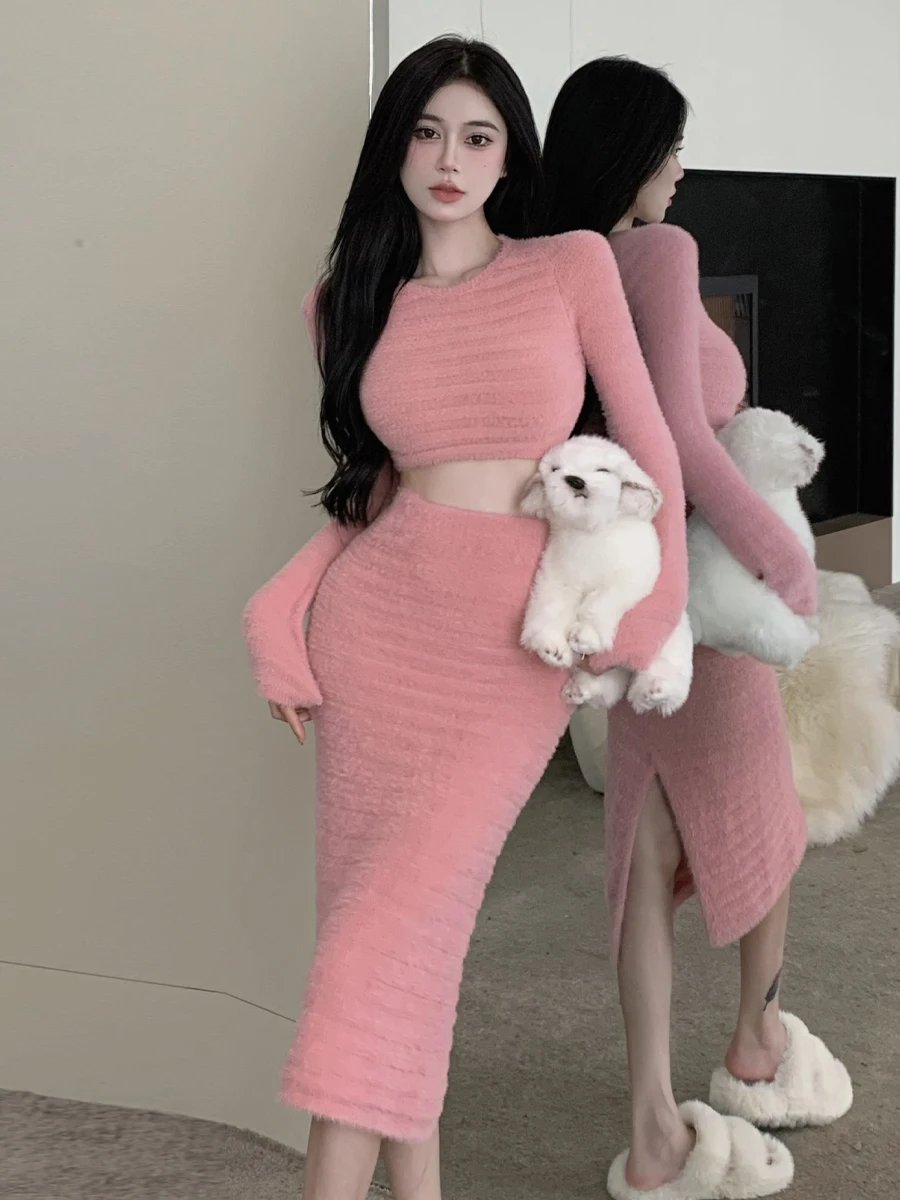 

Ele Вязаное длинное пальто ort Sve с высокой талией, облегающая юбка с разрезом, комплект из двух предметов, искусственный мех Pure Desire