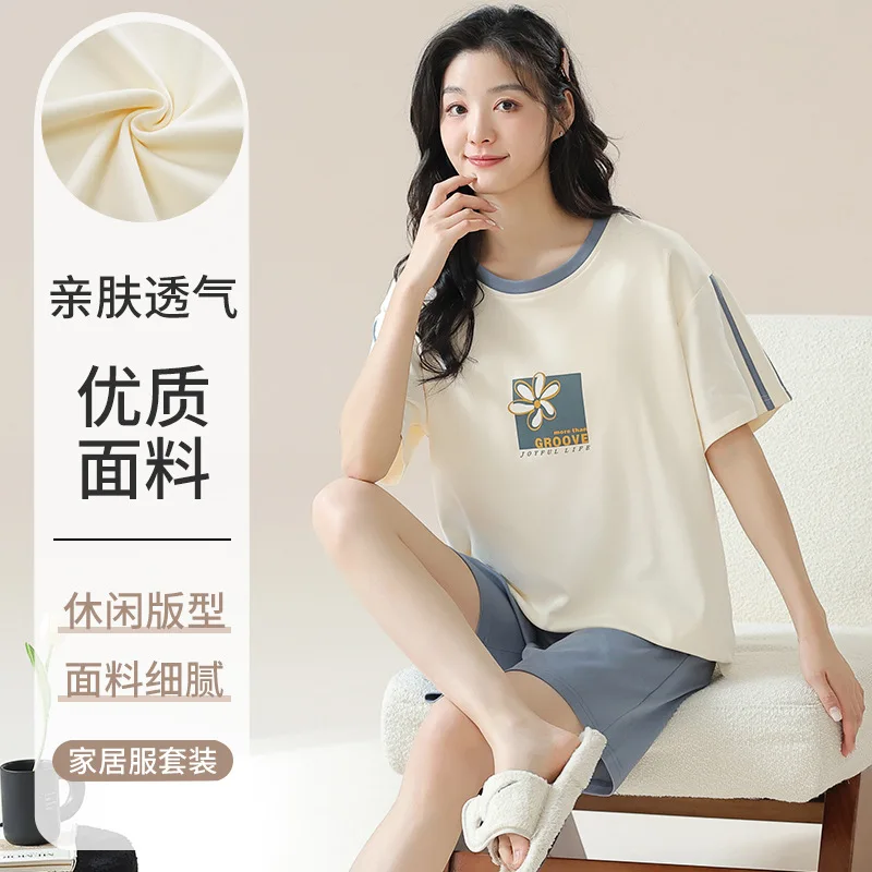 

Women Sleepwear Short-Sleeve Shorts Student Nightwear Homewear Set Round Neck Cotton Ladies Pajamas Loungewear pijamas de mujer