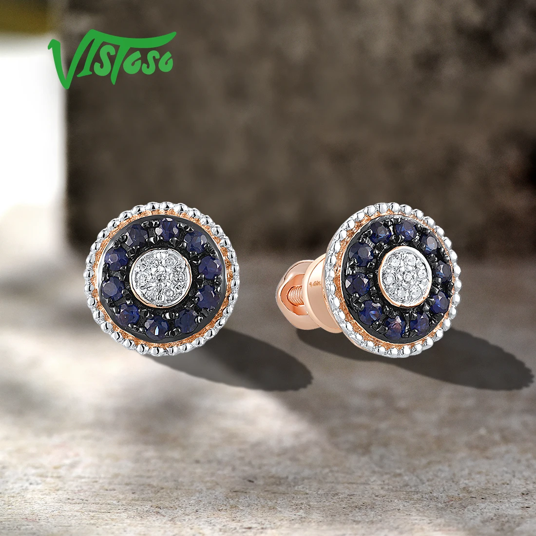 VISTOSO oryginalne 14K 585 różowe złoto śruby kolczyki dla kobiet musujące okrągły niebieski Sapphire diamenty codzienne artykuły Trend Fine Jewelry