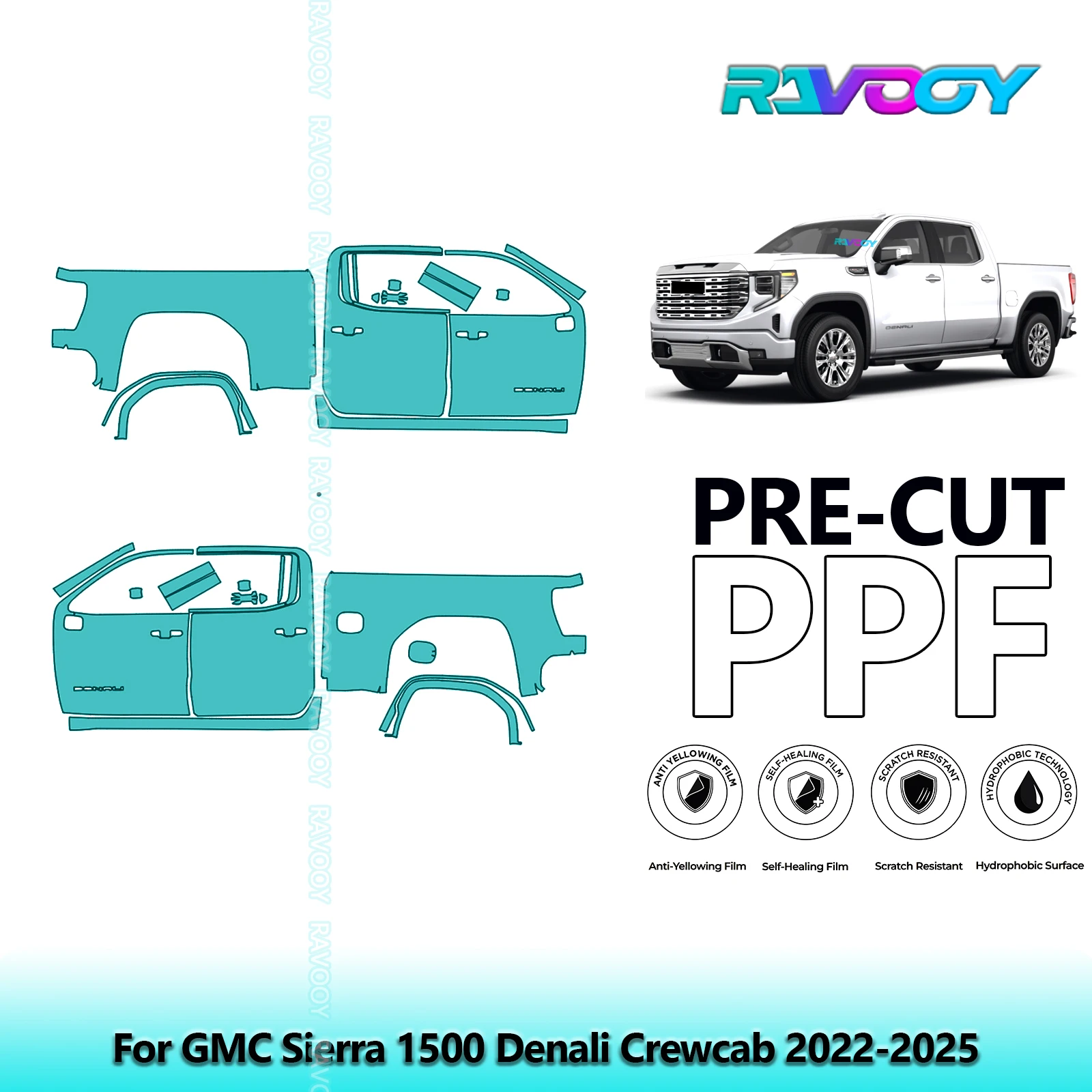 

For GMC Sierra 1500 Denali Crewcab 2022-2025 8.5mil Clear Matte Pre-Cut PPF Door & A/B Pillar Kit TPU Paint Protection Film Set
