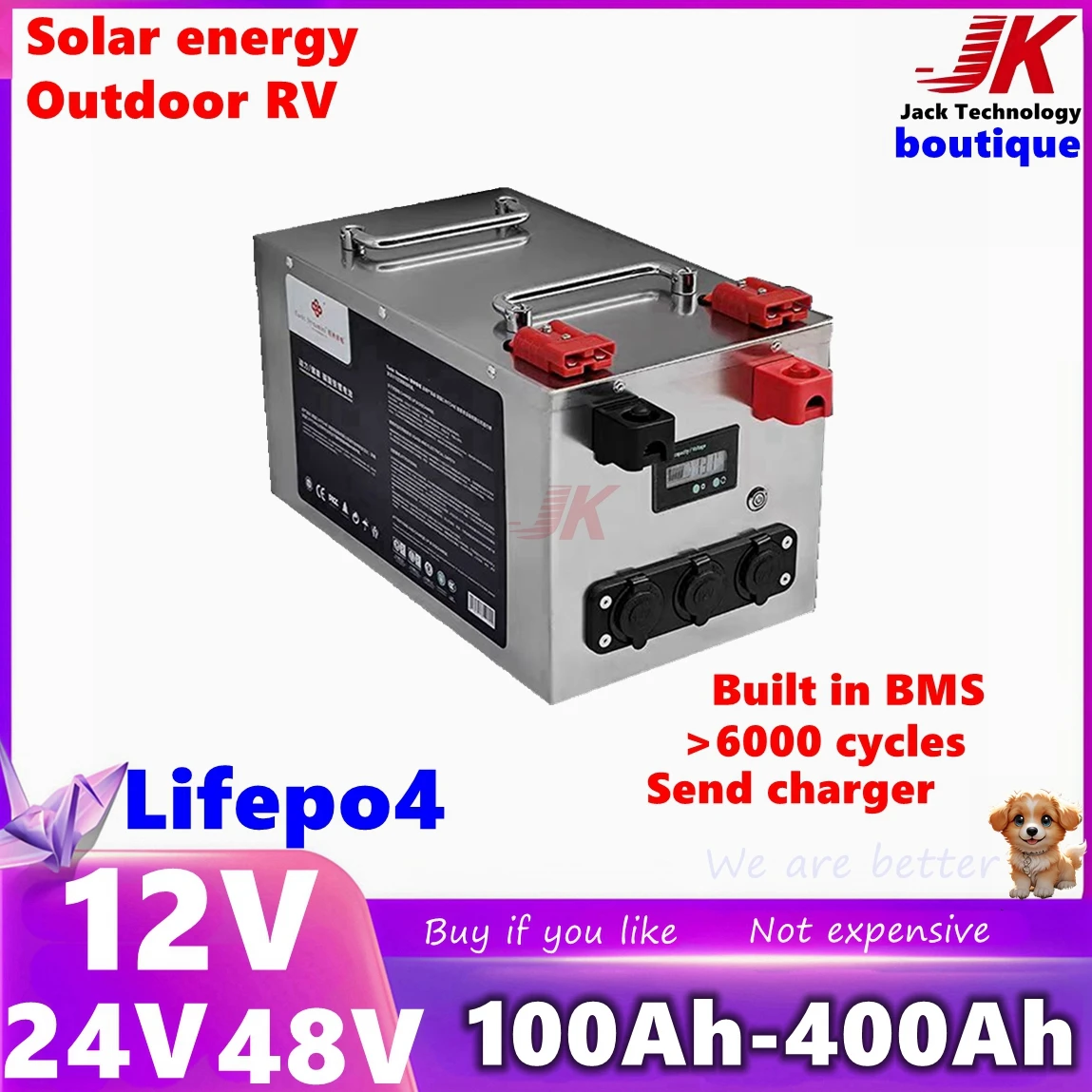 

JK 12V 24V 48V 100Ah 200Ah 300Ah 400Ah Lifepo4 Battery For Camping Solar Inverter Motorhome Outdoor backup portable Power Supply