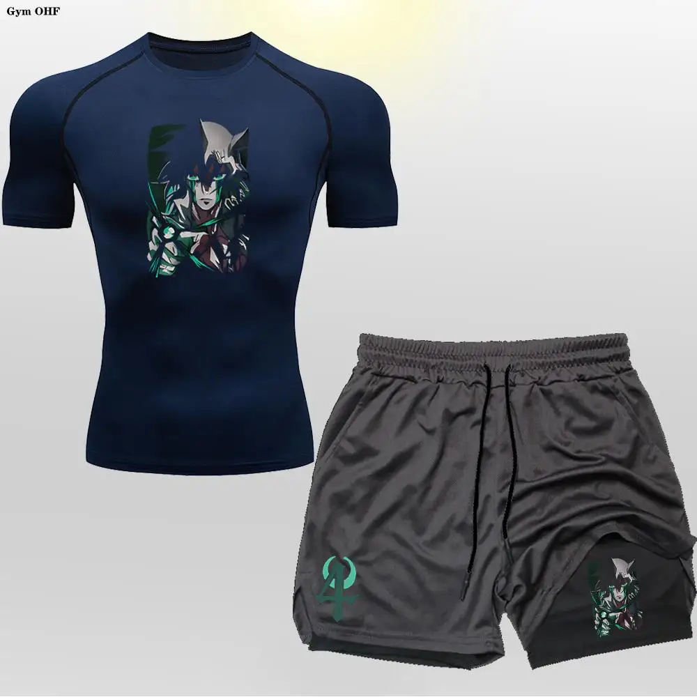 

T Shirt Shorts Sets Men 2 in 1 Sport Gyms Joggers Fitness Bodybuilding Workout Quick Dry Beach Summer Running Set