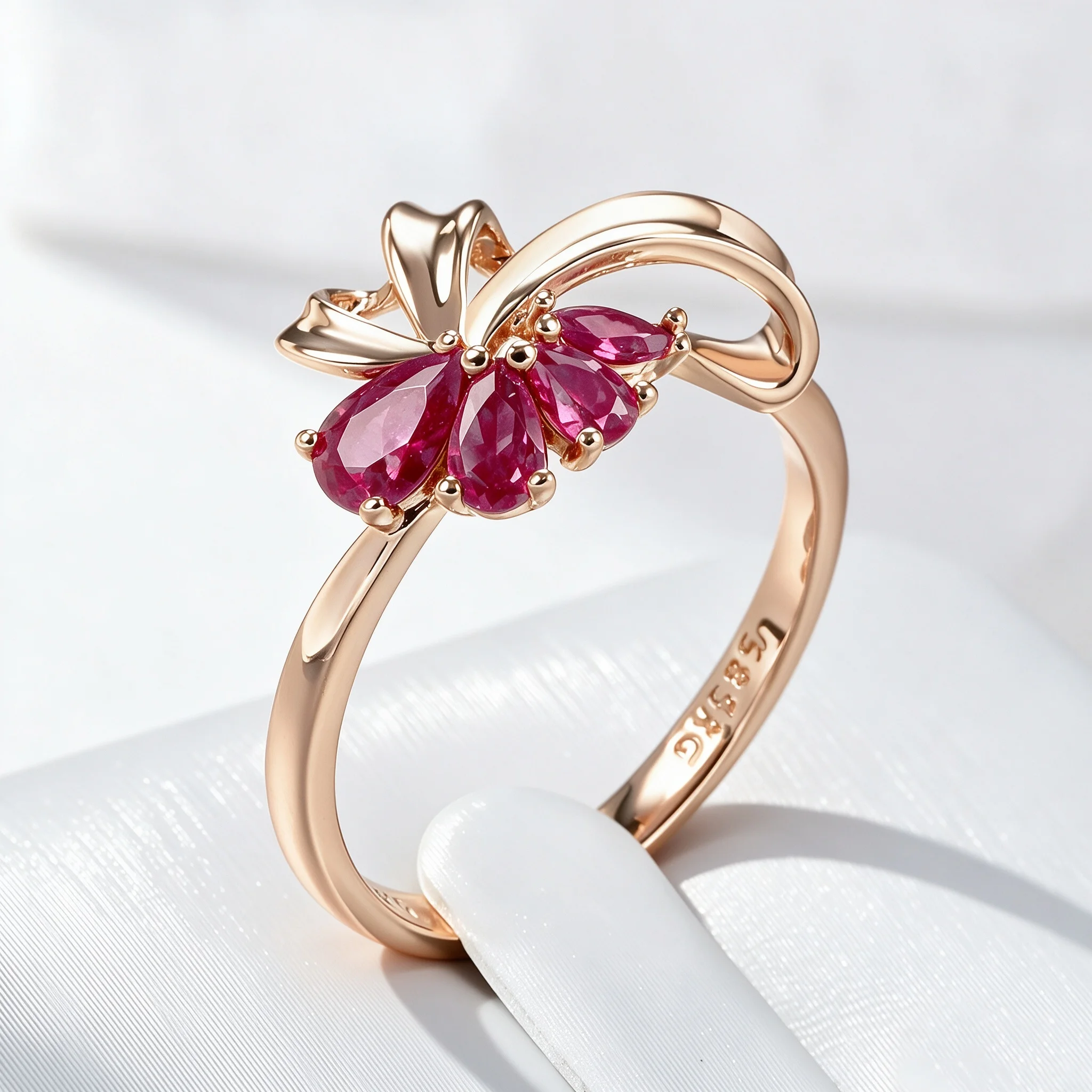 Wbmqda Rote Granat-Blütenringe für Damen 585 Roségoldfarben Mode Hochzeit Party Zirkon Schmuck Accessoires