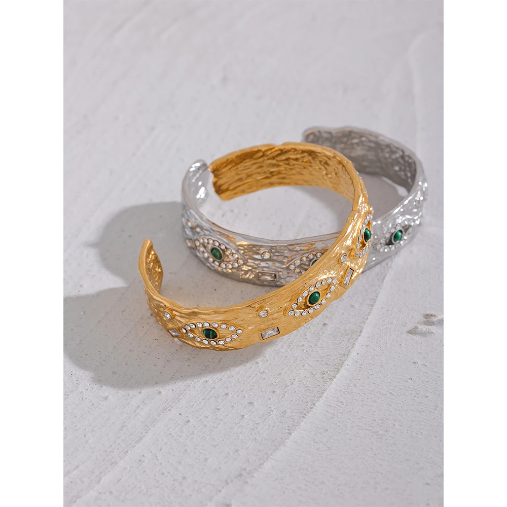 Yhpup 60mm Exquisite Stainless Steel Charm Eye Zircon Vintage Cuff Open Bracelet Bangle Delicate Gold Color High Quality Jewelry