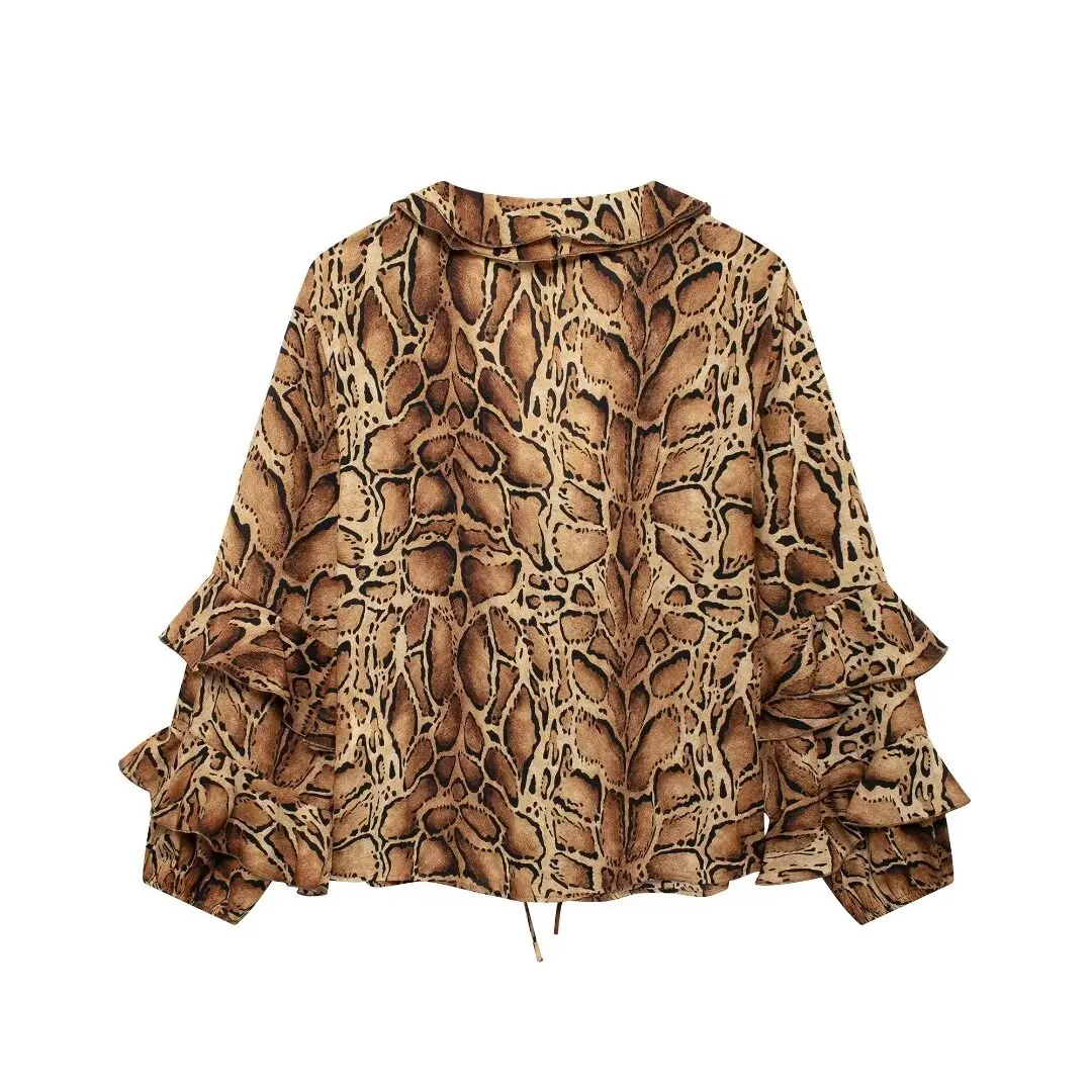 2024 Autumn New Product Women\'s Clothing European And American Style Leopard Print Casual Print V-Neck Loose Long Sleeved Shirt