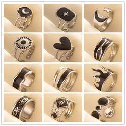 Punk Vintage Black Enamel Ring Stainless Steel Open Rings For Women Men Jewelry Fire Evil Eye Bague Acier Inoxydables Femme Gift