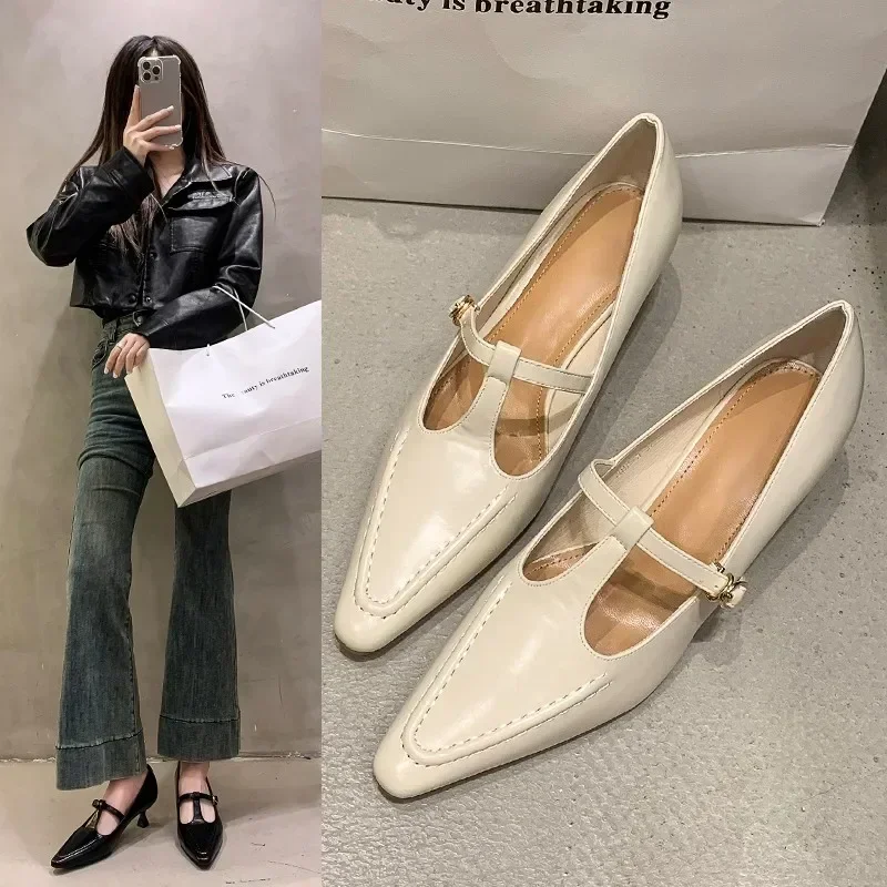 

Retro Pointed Toe Buckle-heeled Single Shoes Fashion Solid Color Women's Shoes Medium Heels Casual Shallow Mouth Zapatos Mujer