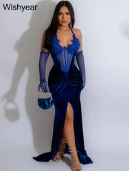 Wishyear Lace Patchwork Halter Collar with Mesh Cuff Velvet High Split Ruched Mermaid Maxi Dress Women Sexy Even Party Clubwear