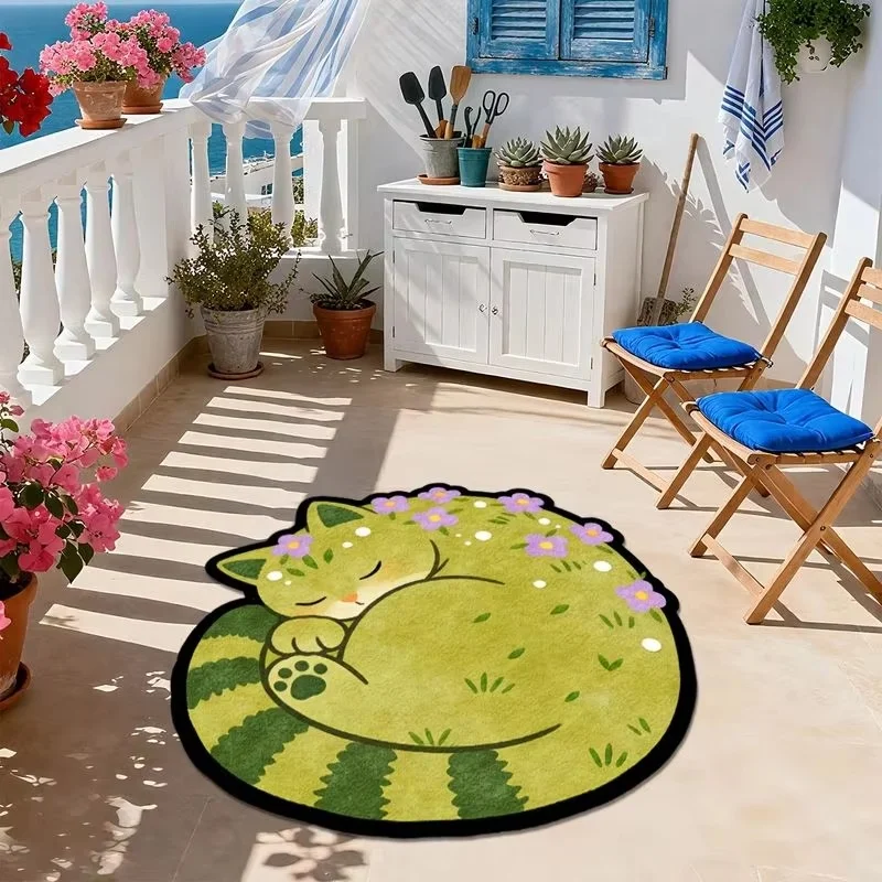 VIKAMA Cute Sleeping Cactus Cat Irregular Rug Purple Floral Cartoon Non Slip Bedroom Bedside Floor Mat Indoor Home Decor