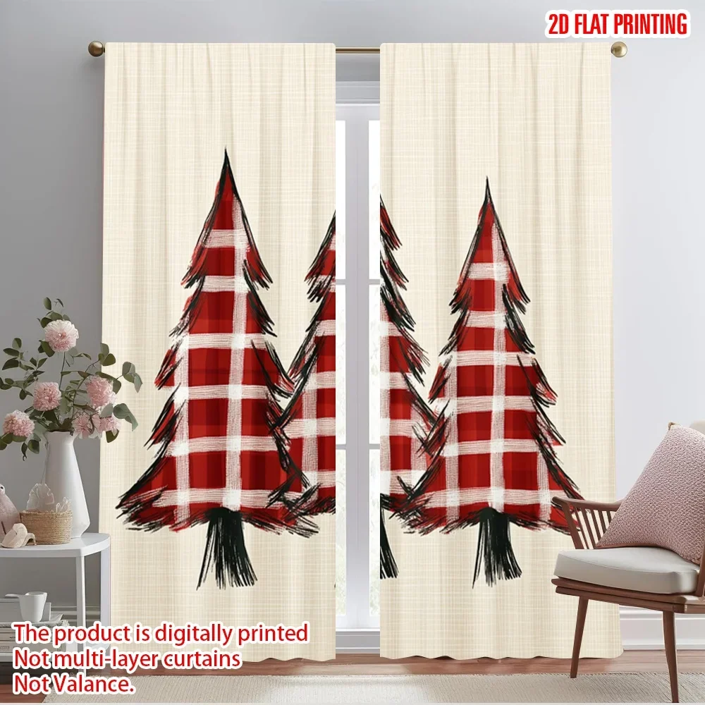 2pcs,2D plane printing Curtains Buffalo Plaid Trees Farmhouse Style (4) 100% Polyester (without rod) Festive Use for Living Room