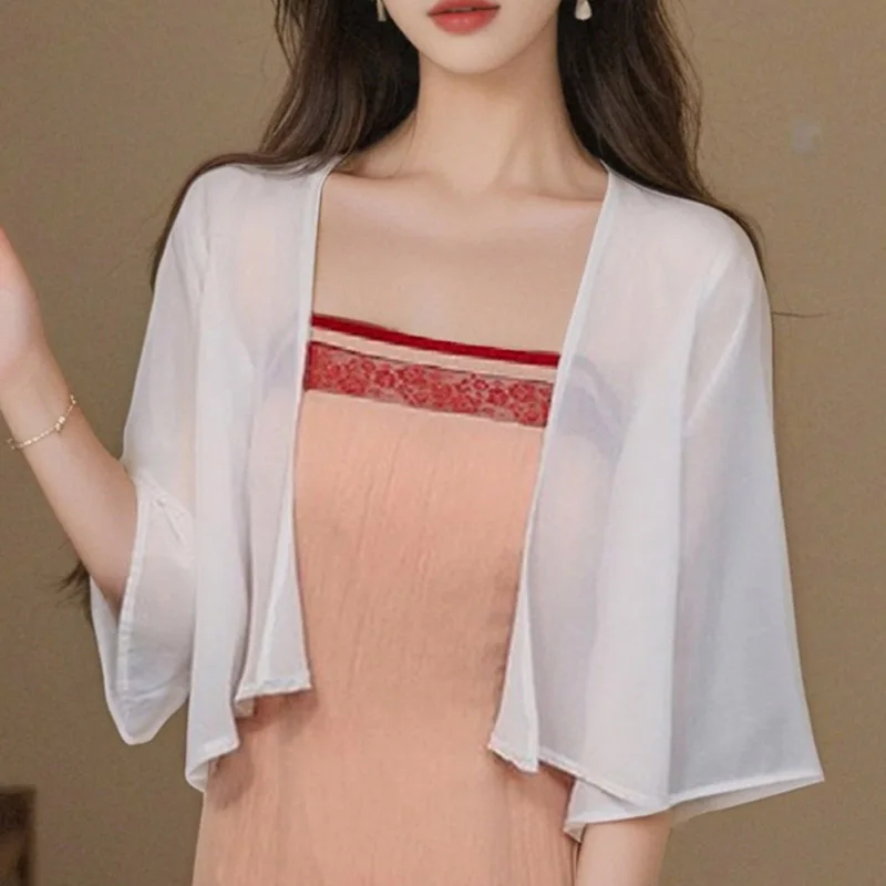 

Fashion Summer Casual Sunscreen Shirt 2025 Women Shirt White Black Chiffon Shawl Shirts Blouse Women Tops Camisas De Mujer N575