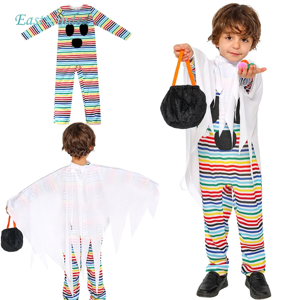 

Kids Halloween Ghost Cosplay Costume Colorful Stripes Jumpsuit White Cloak Outfits Children Carnival Party Roleplay Fantasy Suit