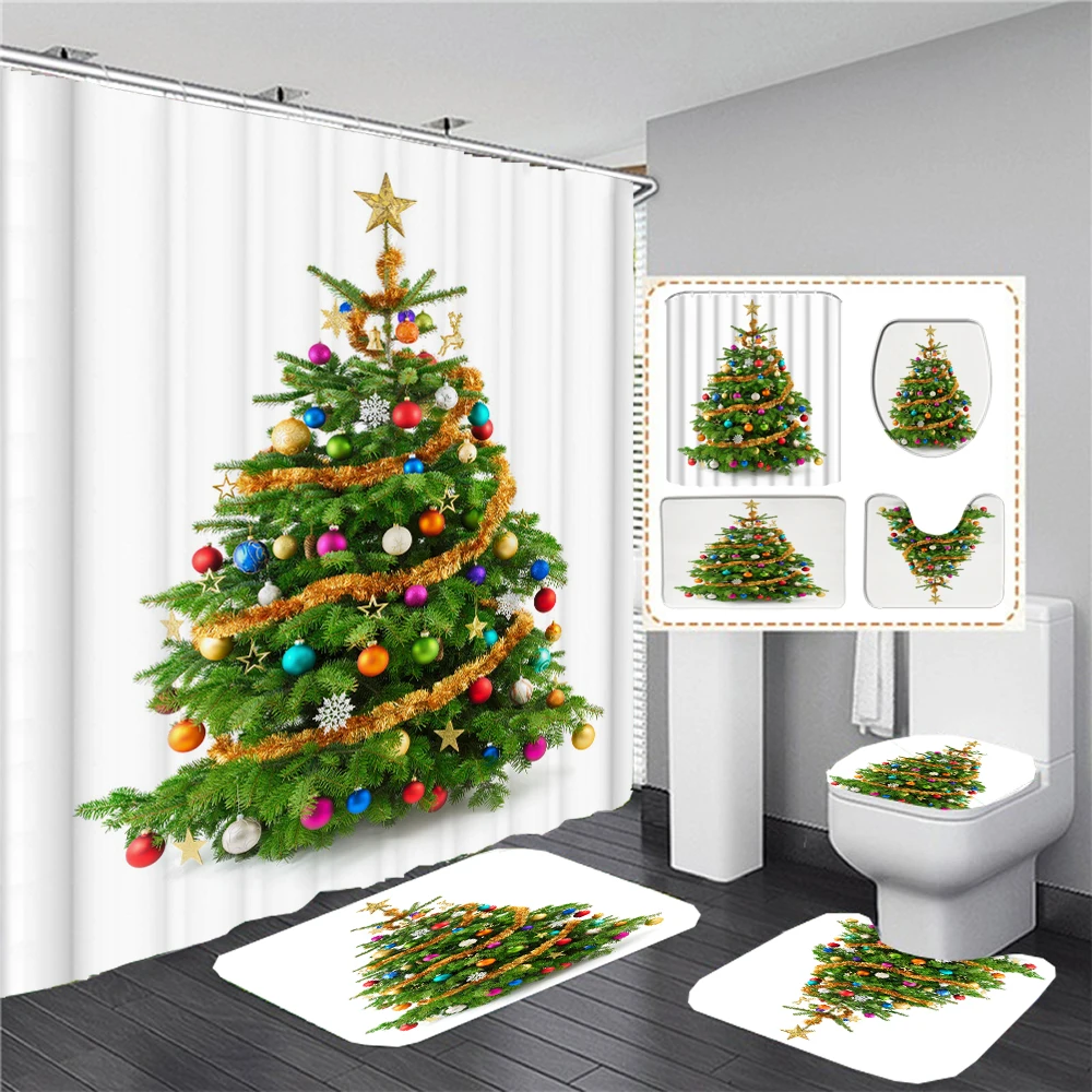 

Merry Christmas Toilet Cover Bath Mats Rugs Christmas Tree Shower Curtain Bathroom Curtains Print Polyester Fabric with Hooks