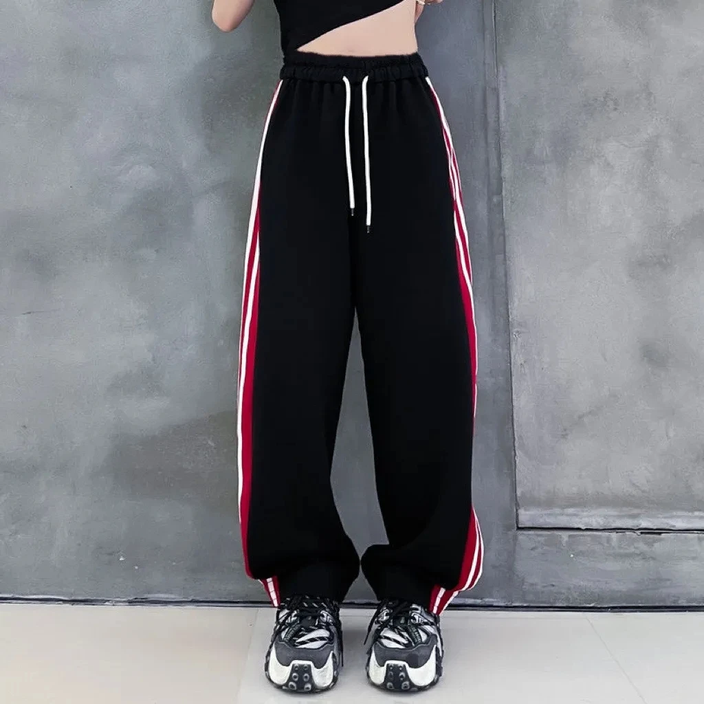 GIDYQ Y2k Striped Wide Leg Pants Women Fashion Black Baggy Jogger Sweatpants Korean Streetwear Hip Hop Straight Trousers New