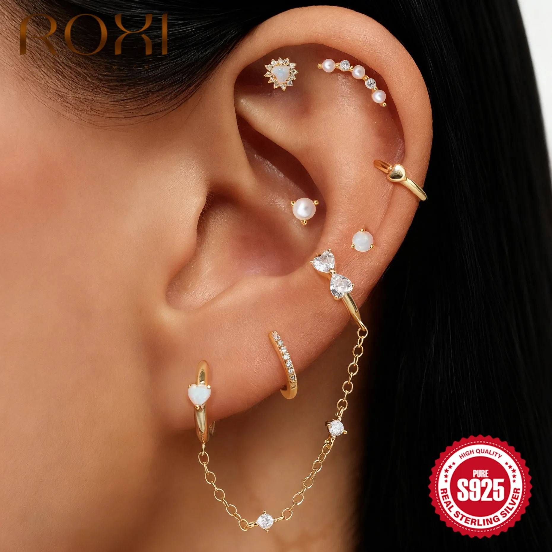 

ROXI 925 Sterling Silver Smooth Heart Classic Double Hoop Tassel Chain For Women INS Dainty Pearl Australian Opal Earring Set