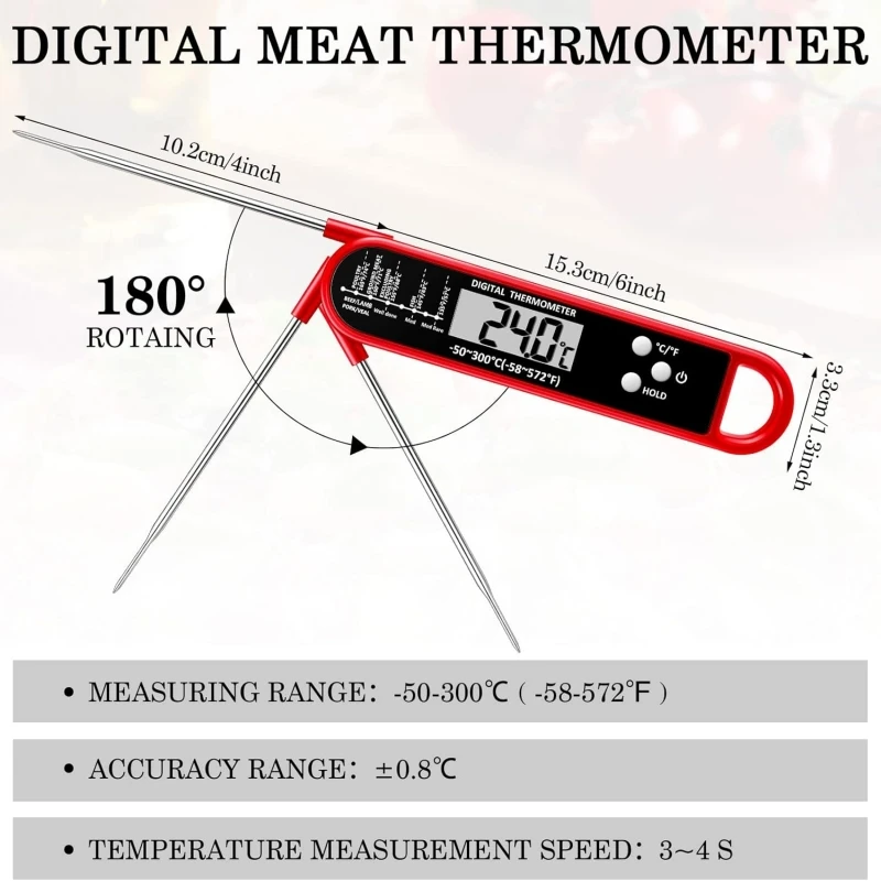 Instant Read BBQ Food Thermometer with Long Probe Magnetic Foldable for Cooking Grilling And Fried Food