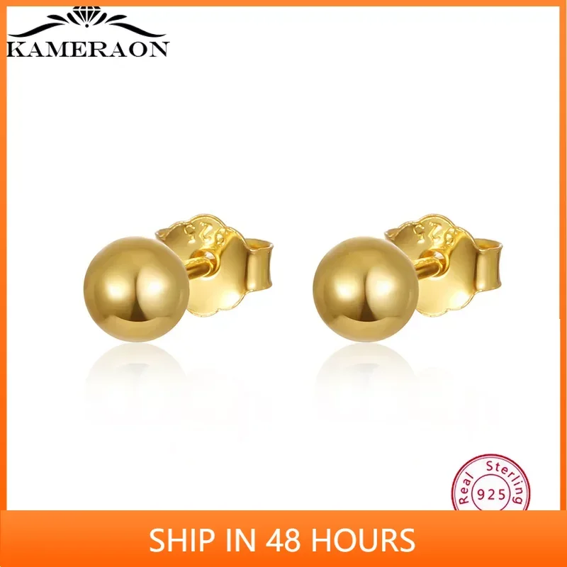 2/3/4/5/6MM 100% Real Sterling Silver 925 Small Cute Gold Plated Ball Stud Earrings Simple Ear Jewelry for Women Girls Stackable