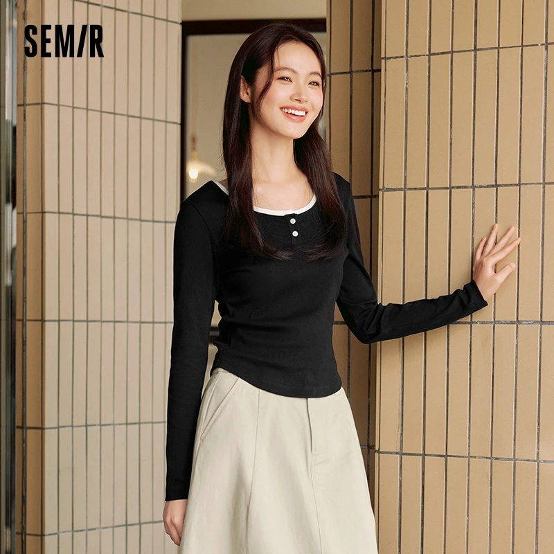 Semir Long Sleeve T-Shirt Women Short Color-blocking Simple 2024 Autumn New Slim Fit Clothes Fake Two-piece Long Sleeve T-Shirt