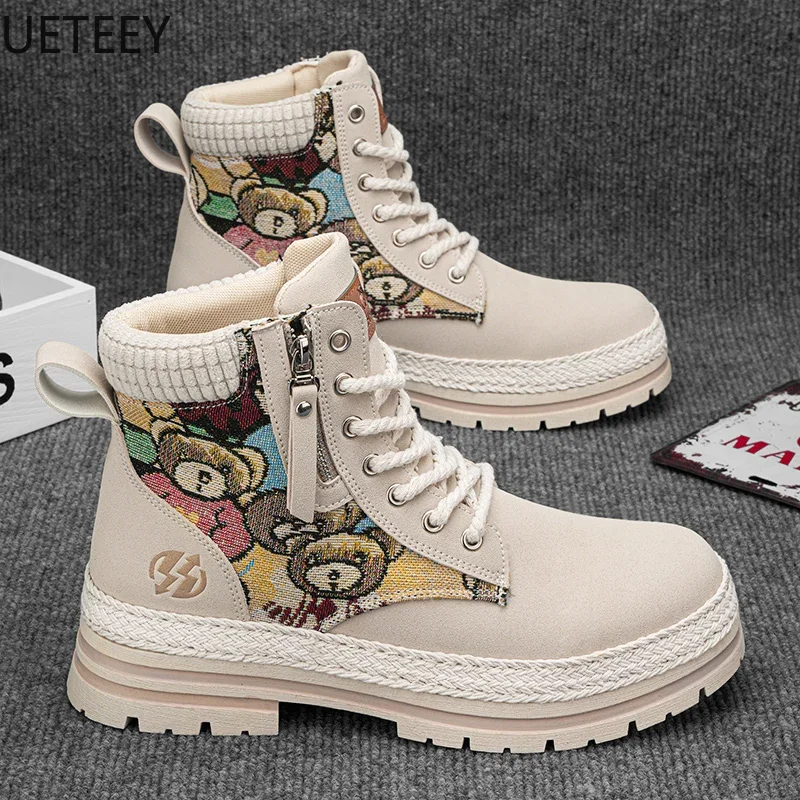 Men's Boots Winter Boot Beautiful Fashionable British Style Thick Bottom Water Proof UETEEY High Tops Wear-resistant Footwear