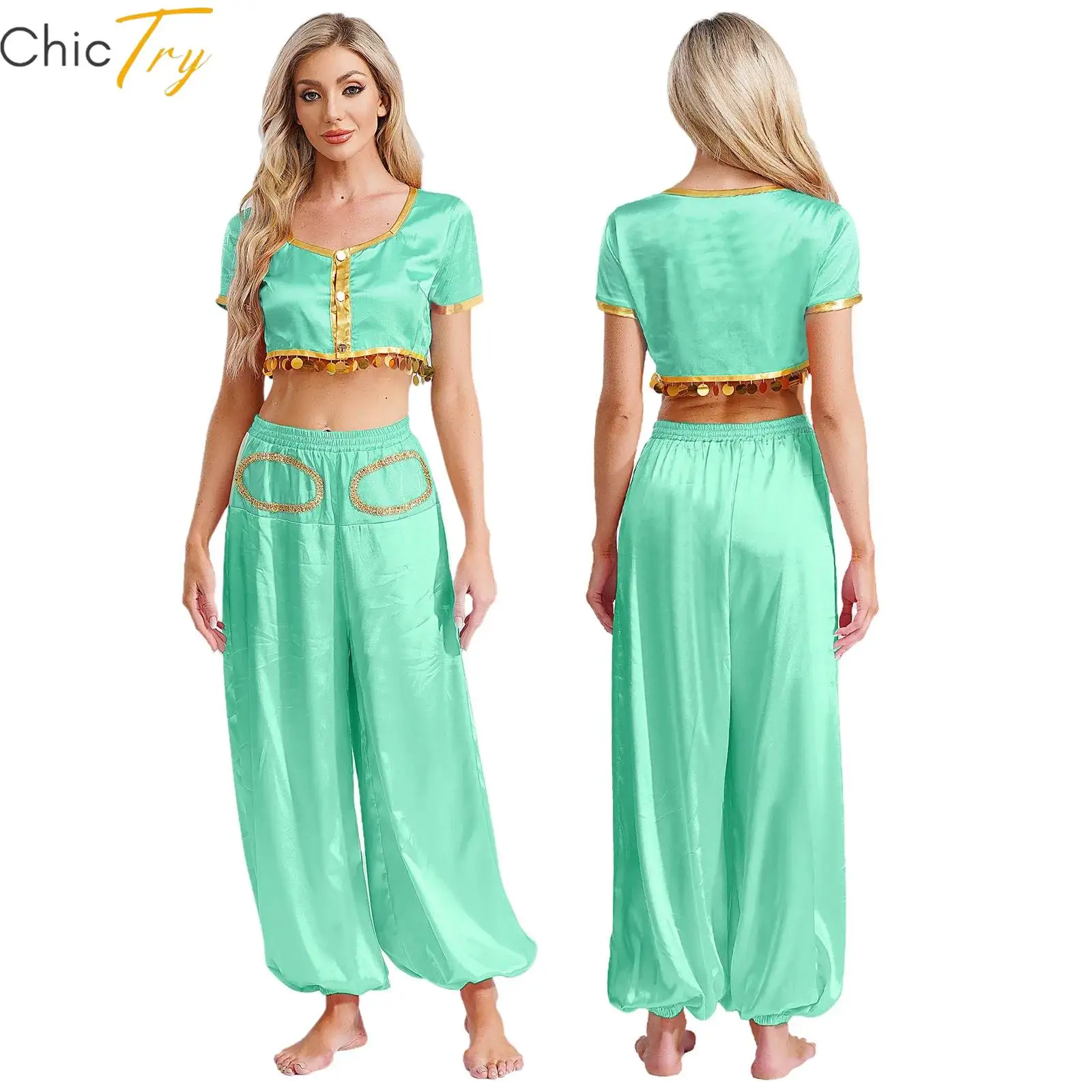 

Женский костюм арабского эльфа для косплея, комплекты для ролевых игр на Хэллоуин с укороченным топом, золотистые плетеные шаровары с цветными блоками