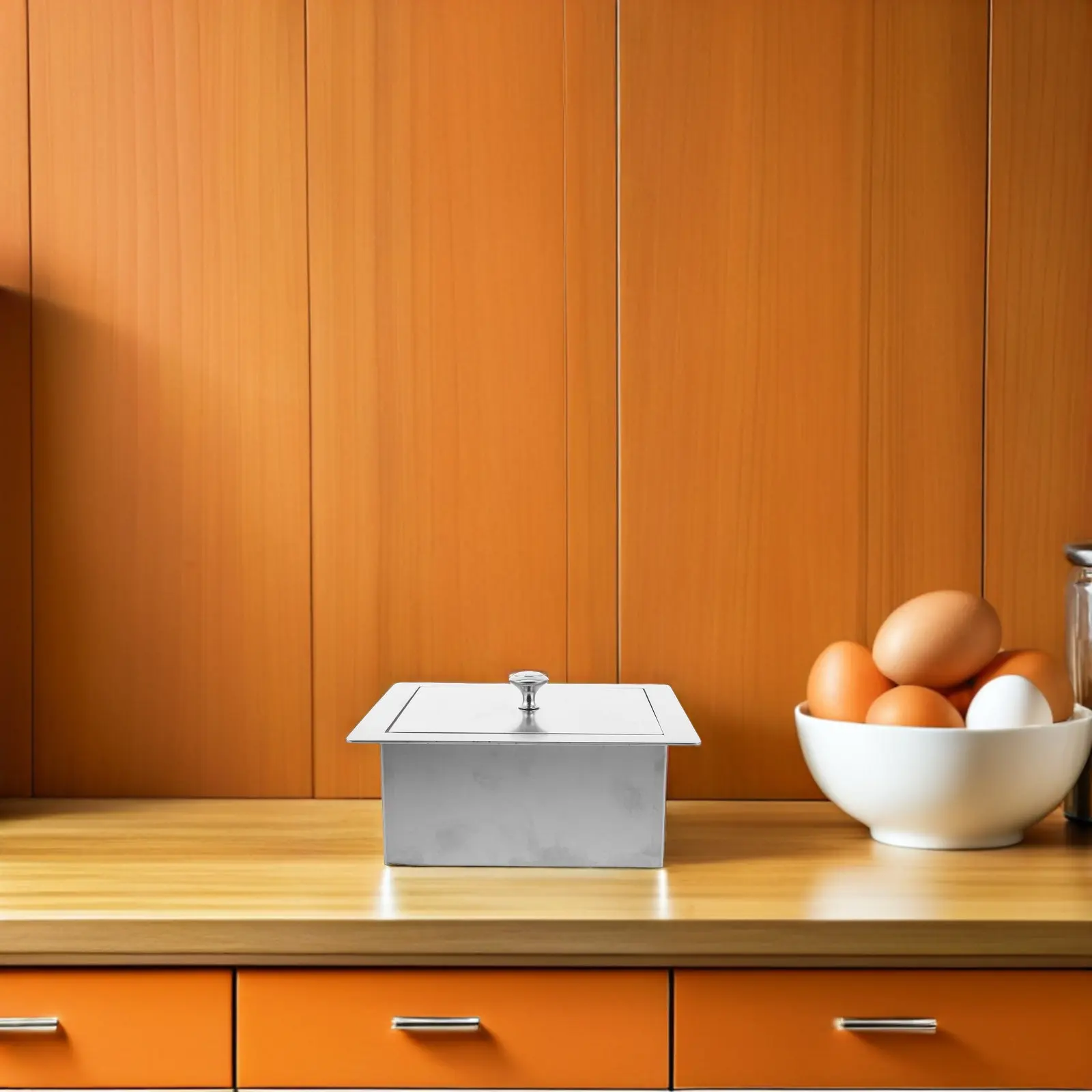 

Recessed Stainless Steel Trash Can Lid Flush Mount Counter Embedded Bin Cover Under Sink Waste Basket Lid Kitchen Garbage Can