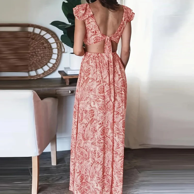 Elegant Lotus Edge Waist Hollow Dress 2024 Spring Fashion Lady Evening Ruffles Slit Party Dress Sexy V Backless Women Long Dress