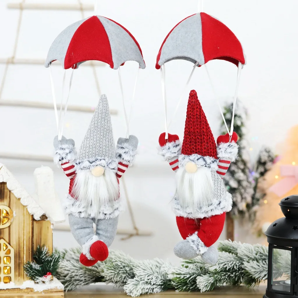 Christmas Hanging Gnome Decorations 17.7inch Skydiving Plush Gnome Gonk with Parachute Hanging Ornament for Xmas Tree Wall Decor