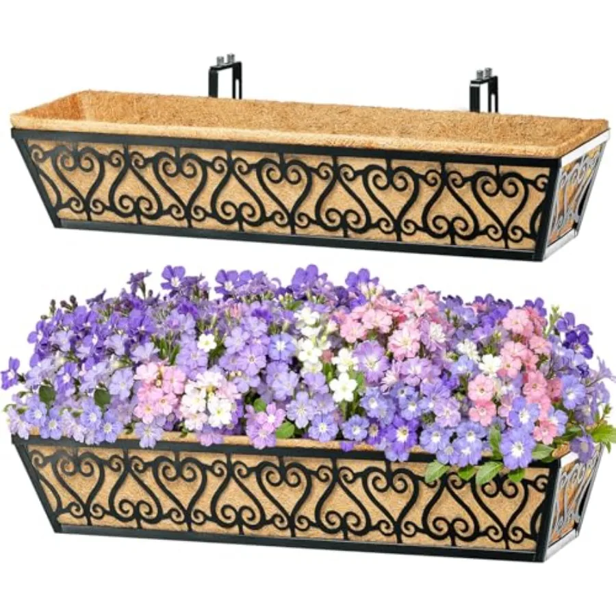 

Pack Deck Railing Planter Box - Window Boxes Planters with Adjustable Brackets Coco Liners Balcony Planters Railing Hanging for