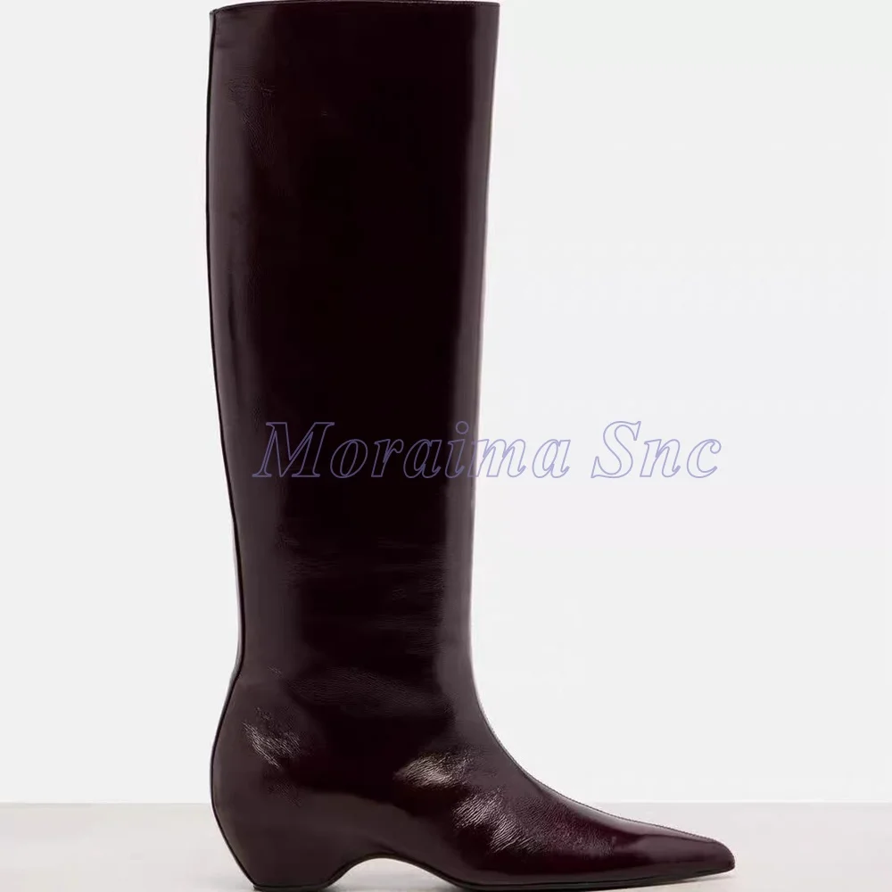 

Pointed Toe Patent Leather Knee High Boots Strange Mid Heel Slip On Sexy Fashion Women Long Modern Boots 2026 New Autumn Winter