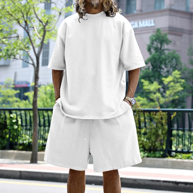 

2 Pieces Fashionable Large Size Casual Men's Suit Loose Short-sleeved T-shirt Spring and Summer Shorts Solid Color Men's Suit