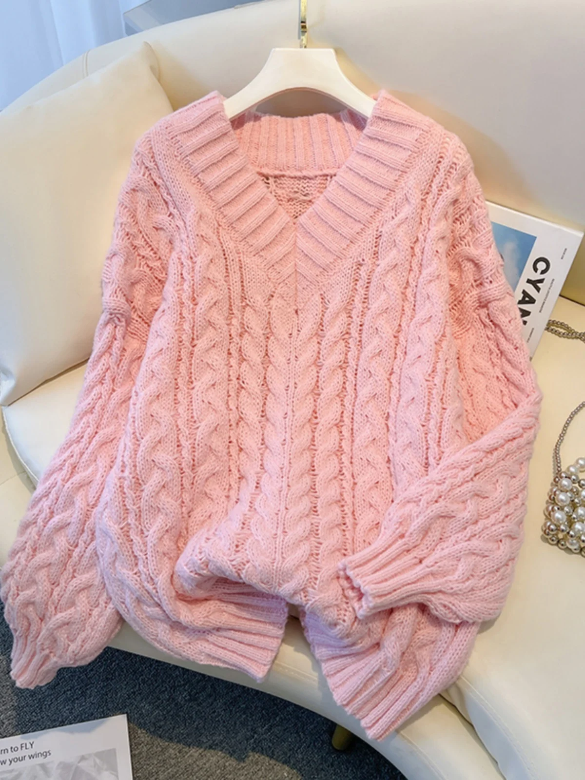 

Pink Knitted Sweater V-Neck Midi Women's Fashion plus Size Beautiful Slimming Korean Style Loose Fit Long Sleeve Crew Neck