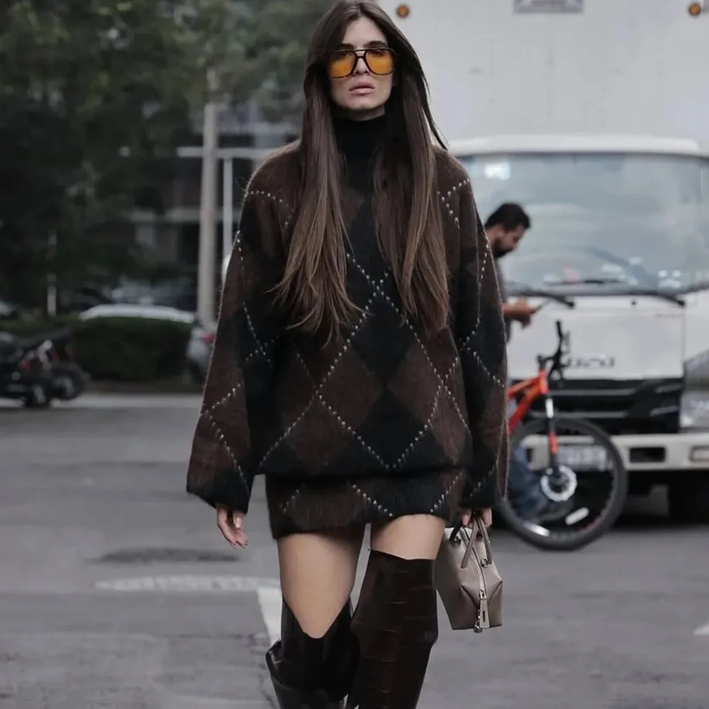 

Tuularose Vintage Knit Dress Set Fashion High Neck Pullover Sweater Striped MiniSkirt Set Autumn New Sexy Women's Knit Dress Set