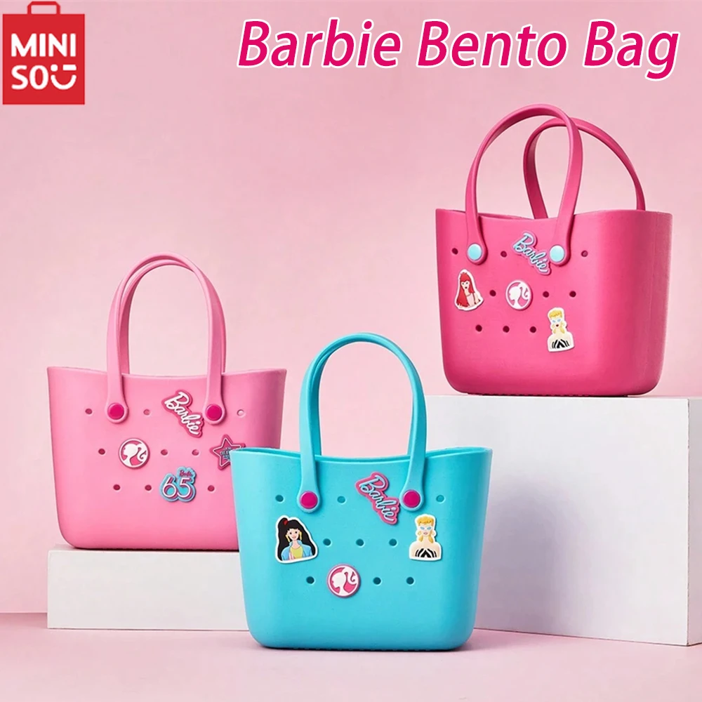 Miniso Barbie Handbag Bento Bag Kawaii Lunch Box Bag Portable Travel Tote Bag Doll Storage Bag Anime Cartoon Decoration Gift