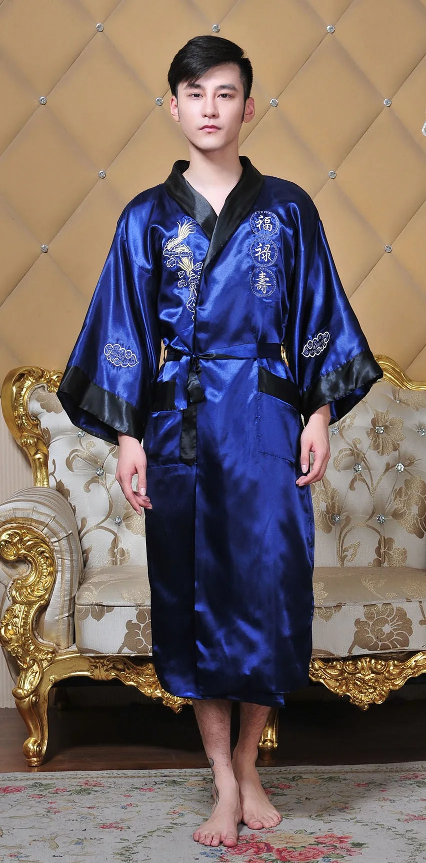 Robe Men Chinese Style Embroidered Dragon Kimono Night Dress Long Sleepdress Night Gown Cardigan Robe Bath V Neck Homewear