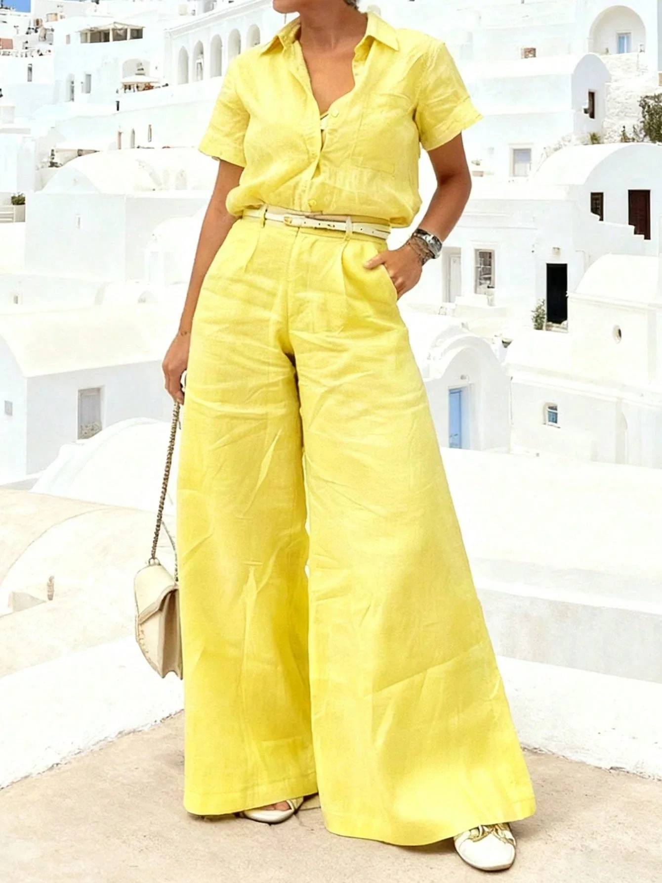 Women's Yellow Collared Short-Sleeve Two-Piece Set - Button-Front Wide-Leg Pants With Belt For Coastal Vacation
