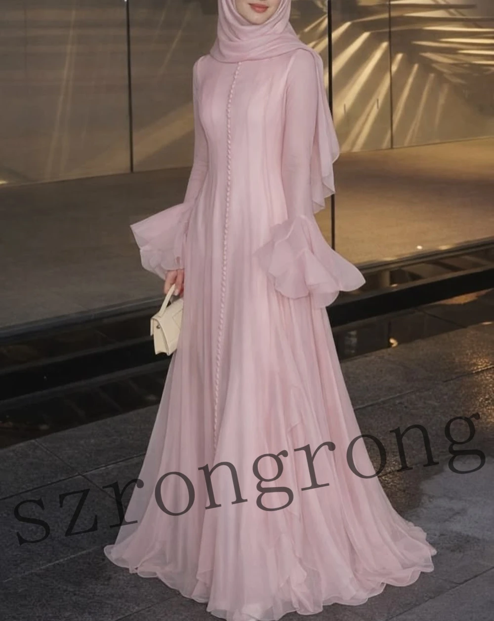 Customized Muslim Long Sleeve Tulle Evening Party Dress Button Straight Floor Length Modern Prom Bridal Dress vestido de novia