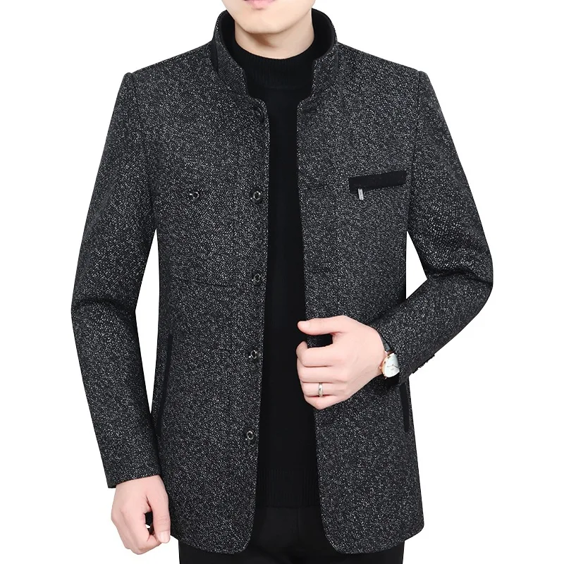 New Autumn Winter Men Fleece Warm Blazers Jackets Woolen Blends Stand Collar Business Casual Suits Coats Slim Blazers Clothing 4