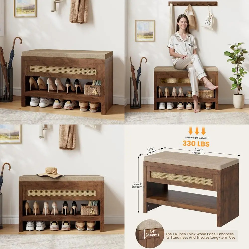 مقعد تخزين أحذية الروطان المبطن، درج ورف مزرعة مقاس 31 بوصة، مقعد منظم مدخل خشبي