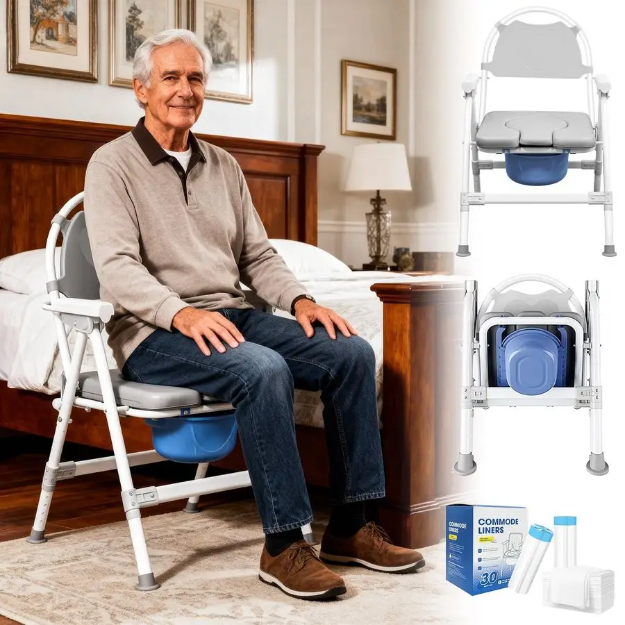 

in 1 Folding Bedside Commode Chair for Elderly amp Disabled Adjustable Height Raised Toilet Seat with Arms, Back amp 30 PCS Cle