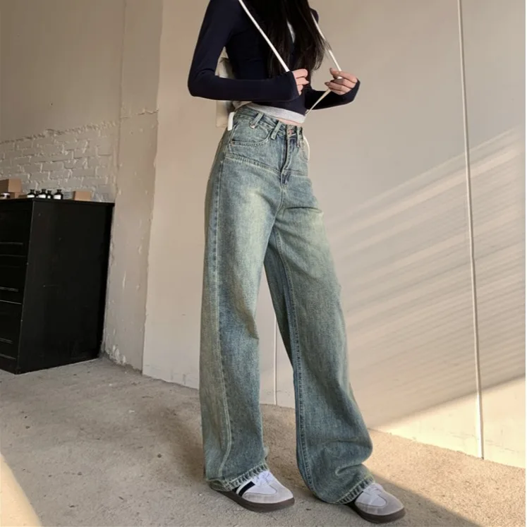 Pantalones vaqueros de pierna recta Retro americanos para mujer, pantalones largos de cintura alta a la moda, holgados, hasta el suelo, color azul