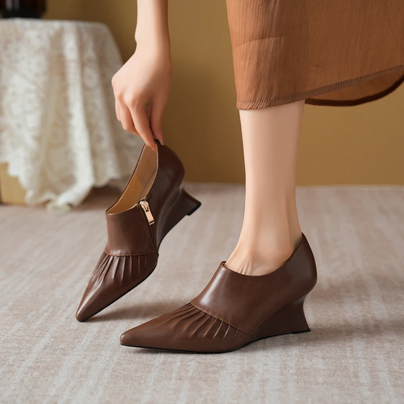 Women's Pointed Toe Wedge Heel Genuine Leather Pumps with Pleated Upper Elegant Slip-On Design Side Zipper Closure Fashion Shoes